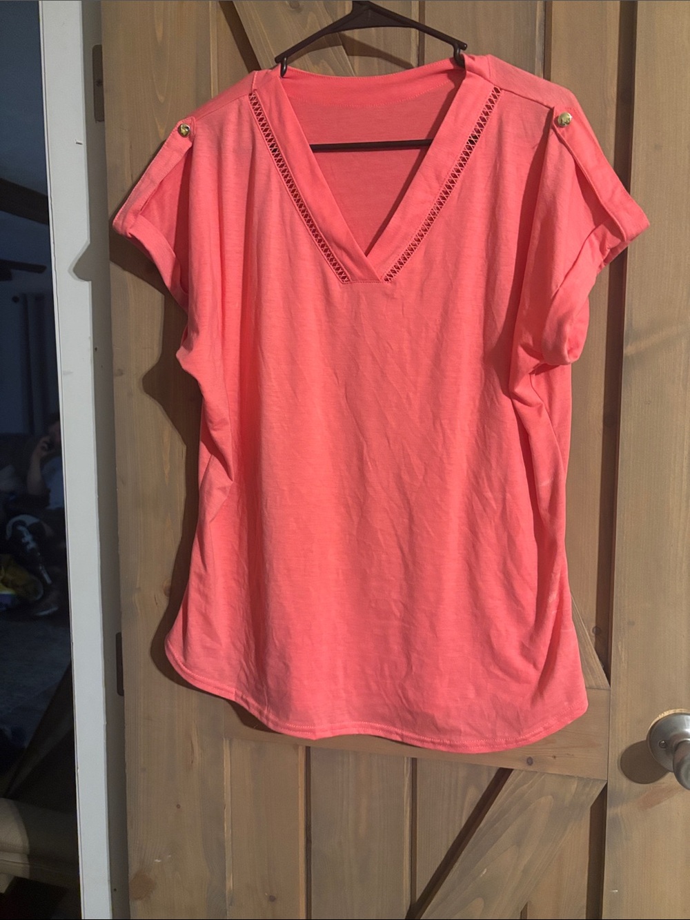 Women's Coral V-Neck Button Shoulder Top